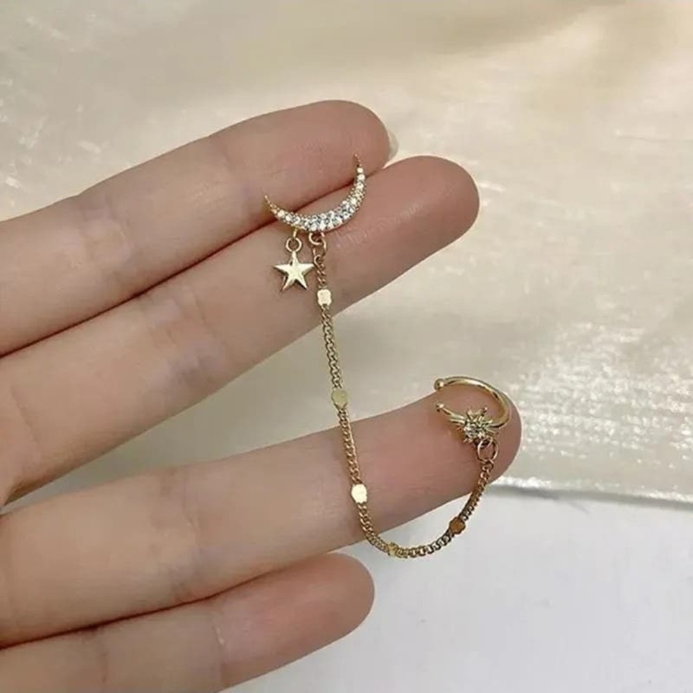 Boho Golden Crescent Moon and Stars Dreamer Cuff Chain Earrings Gold A0128 - Picture 6 of 12